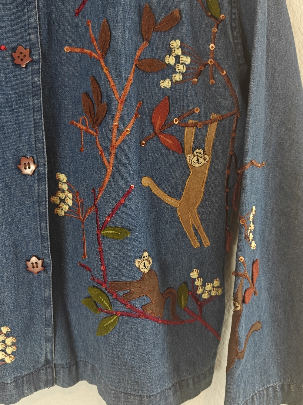 VTG 90s Tantrums Monkey Embroidered Denim Button Up Beaded Sequin Tree Cotton M - Picture 6 of 14